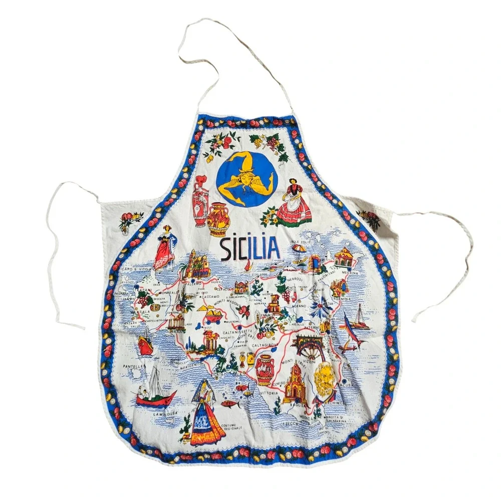 Vintage Sicilia Sicily‎ Map Art Cooking Apron People Town Cities Italy Cotton